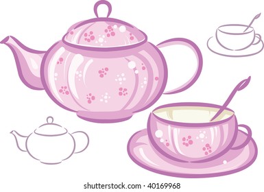 Pink cup and teapot isolated on white