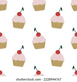 Pink cupcake with berries. Cute and cute cupcakes with cherries. Sweet and delicious seamless pattern for anniversary, birthday, party or any other occasion.