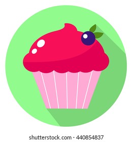 pink cupcake with berry in flat design icon isolated on a green circle