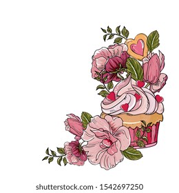 Pink cupcake and a bouquet of roses and peonies. Frame for February 14, Valentine's Day, wedding, birthday. Template for invitation, greeting cards, banners, menu.