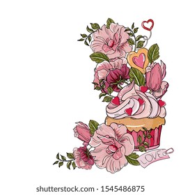 Pink cupcake and a bouquet of roses and peonies. Frame for February 14, wedding, birthday. 
