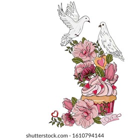 Pink cupcake and a bouquet of roses,peonies and white doves. Frame for February 14, wedding, birthday. Template for invitation, greeting cards, banners, menu.
