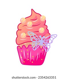 Pink cupcake with butterfly on white background. Pink aesthetic. Vector illustration.