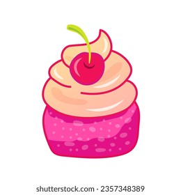 Pink cupcake with cherry berry on white background. Pink aesthetic. Vector illustration.