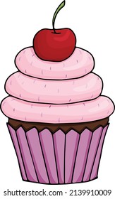 Pink cupcake with cherry. Chocolate cupcake with pink cream.
