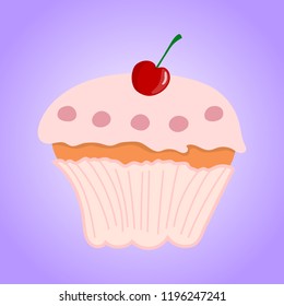 Pink Cupcake with Cherry isolated on violet background. Vector Illustration.