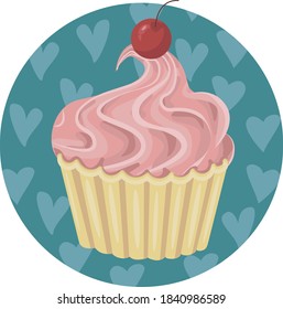 
rosafarbene Cupcakes mit Kirschen auf türkisem Hintergrund