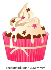 Pink cupcake. Chocolate cake with vanilla cream, stars decor, strawberry sweet muffin with ribbon. Sugar cake for cafe menu, confectionery and pastries, delicious food vector element