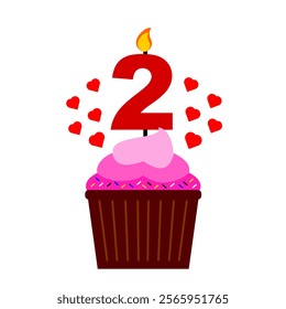 Pink cupcake clip art and 2nd numeral candle on top with colorful sprinkles vector illustration. Flat style cupcake element for anniversary or birthday event. Valentine cupcake