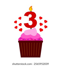 Pink cupcake clip art and 3rd numeral candle on top with colorful sprinkles vector illustration. Flat style cupcake element for anniversary or birthday event. Valentine cupcake