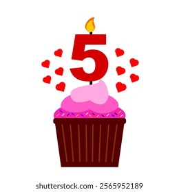 Pink cupcake clip art and 5th numeral candle on top with colorful sprinkles vector illustration. Flat style cupcake element for anniversary or birthday event. Valentine cupcake