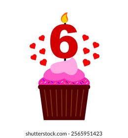 Pink cupcake clip art and 6th numeral candle on top with colorful sprinkles vector illustration. Flat style cupcake element for anniversary or birthday event. Valentine cupcake