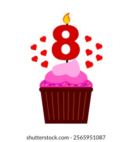 Pink cupcake clip art and 8th numeral candle on top with colorful sprinkles vector illustration. Flat style cupcake element for anniversary or birthday event. Valentine cupcake