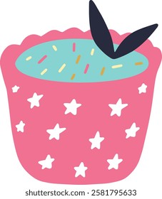 Pink cupcake decorated with blue frosting and sprinkles with bunny ears sticking out, simple childish drawing, isolated illustration on white background