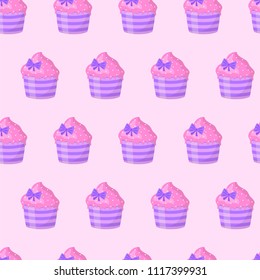 Pink cupcake decorated with bow. Seamless pattern. Vector illustration
