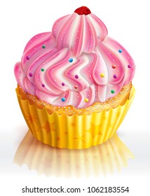 Pink cupcake decorated with colored balls
