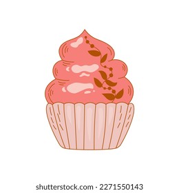 Pink cupcake doodle food vector. Cute hand drawn sweet dessert with leaves. Romantic food vector illustration for prints, cafe, restaurant design