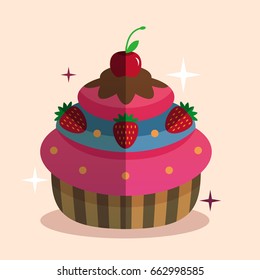 Pink cupcake flat icon with shadow. Good for menu design. Vector illustration