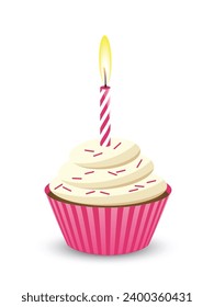 Pink cupcake with frosting and lit candle on transparent background