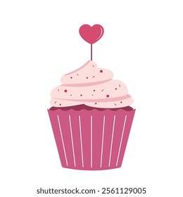 pink cupcake with a heart-shaped topper and red sprinkles