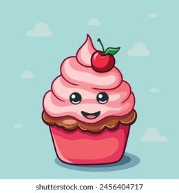 Pink cupcake illustration with cream and berry in kawaii style. Hand drawing food doodle on white background. Line art for bakery logo, wedding invitation, print design, sticker.