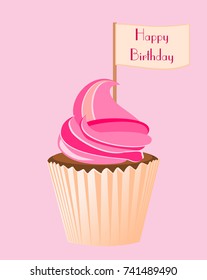 Pink cupcake isolated on pink background with flag written happy birthday