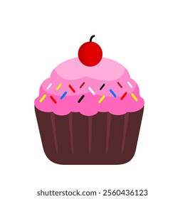 Pink cupcake with l red cherry on top. Birthday or Anniversary event element. Sweet Desert. Pink cupcake clip art cartoon style isolated in white background