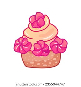 Pink cupcake with marshmallows on white background. Pink aesthetic. Vector illustration.