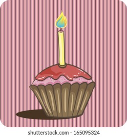 Pink cupcake with one candle. Vector