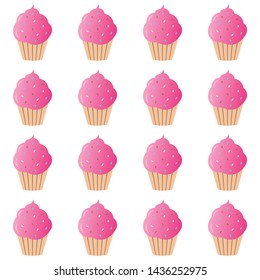 Pink cupcake pattern vector illustration. Cupcakes, muffin pattern background, pattern for textile, fabric, wrapping paper, wallpaper, packaging. Vector EPS 10.
