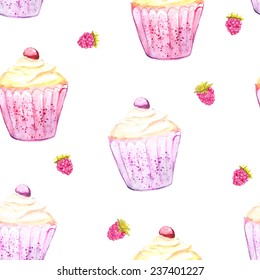 Pink cupcake and raspberry background. Seamless vector texture with watercolor desserts.