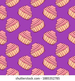 Pink cupcake , seamless pattern on a purple background.