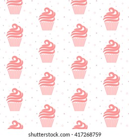 Pink cupcake seamless pattern. Sweet cake light cartoon texture design. Patisserie package and website background tileable cupcake design. 