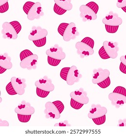 Pink cupcake seamless pattern. Valentine cupcake with hearts. 