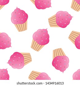 Pink cupcake seamless pattern vector illustration. Cupcakes, muffin pattern seamless background, pattern for textile, fabric, wrapping paper, wallpaper, packaging. Vector EPS 10.