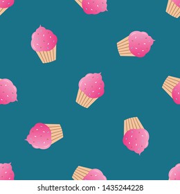 Pink cupcake seamless pattern vector illustration. Cupcakes, muffin pattern seamless background, pattern for textile, fabric, wrapping paper, wallpaper, packaging. Vector EPS 10.
