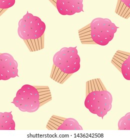 Pink cupcake seamless pattern vector illustration. Cupcakes, muffin pattern seamless background, pattern for textile, fabric, wrapping paper, wallpaper, packaging. Vector EPS 10.