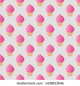Pink cupcake seamless pattern vector illustration. Cupcakes, muffin pattern seamless background, pattern for textile, fabric, wrapping paper, wallpaper, packaging. Vector EPS 10.