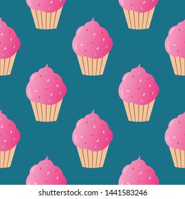Pink cupcake seamless pattern vector illustration. Cupcakes, muffin pattern seamless background, pattern for textile, fabric, wrapping paper, wallpaper, packaging. Vector EPS 10.
