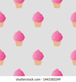 Pink cupcake seamless pattern vector illustration. Cupcakes, muffin pattern seamless background, pattern for textile, fabric, wrapping paper, wallpaper, packaging. Vector EPS 10.