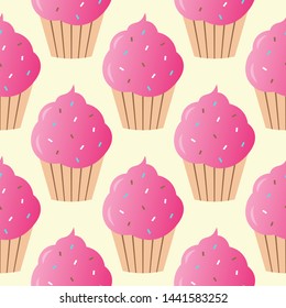 Pink cupcake seamless pattern vector illustration. Cupcakes, muffin pattern seamless background, pattern for textile, fabric, wrapping paper, wallpaper, packaging. Vector EPS 10.