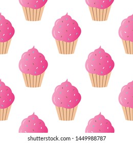 Pink cupcake seamless pattern vector illustration. Cupcakes, muffin pattern seamless background, pattern for textile, fabric, wrapping paper, wallpaper, packaging. Vector EPS 10.