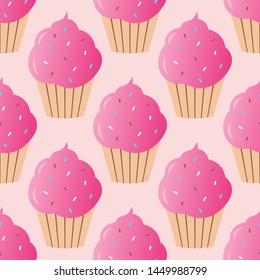 Pink cupcake seamless pattern vector illustration. Cupcakes, muffin pattern seamless background, pattern for textile, fabric, wrapping paper, wallpaper, packaging. Vector EPS 10.