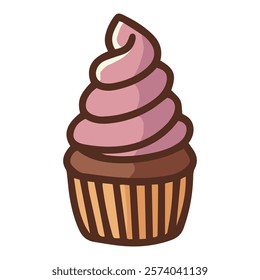 A pink cupcake with swirl frosting, ideal for dessert illustrations, party themes, and festive designs.