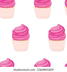 Pink cupcake. Vector illustration. Sweet dessert. Delicious pastries. Whipped cream. Seamless pattern.