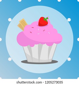 pink cupcake with wafer and strawberry cartoon object, vector illustration