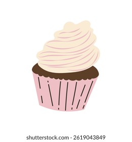 Pink cupcake with whipped cream in flat design. Sweet bakery dessert. Vector illustration isolated.