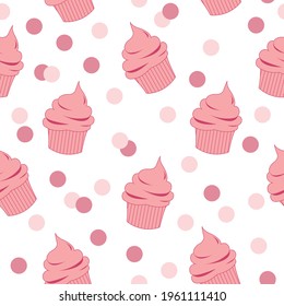 Pink cupcakes seamless pattern. Cute cream cakes on a white background with confetti. Sweet design for packaging, party, greeting card. Vector illustration of a cupcake.
