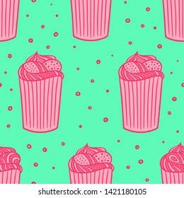 Pink cupcakes seamless pattern. Line cupcakes isolated on green background. Doodle cupcakes