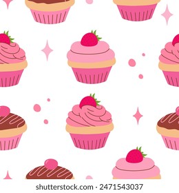 pink cupcakes seamless pattern, various cupcakes with cream, frosting, chocolate, cherry, strawberry, sweet dessert, pattern for print, wallpaper, wrapping, fabric and more